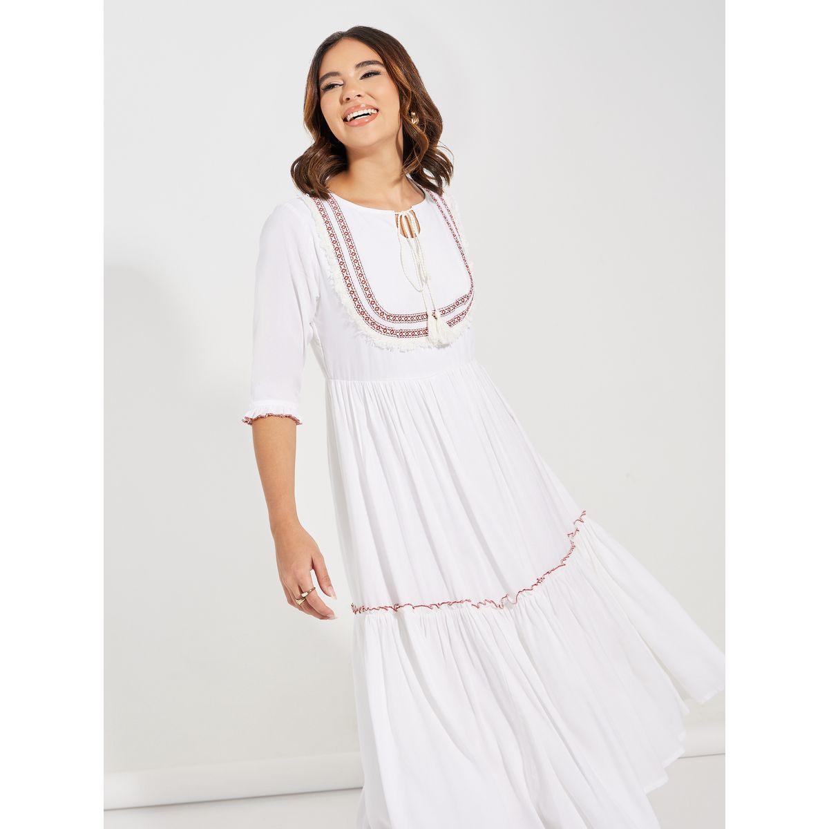 Styli Embroidered Panel Tie-Up Neck Midi Dress-women-clothing-dresses-image-2