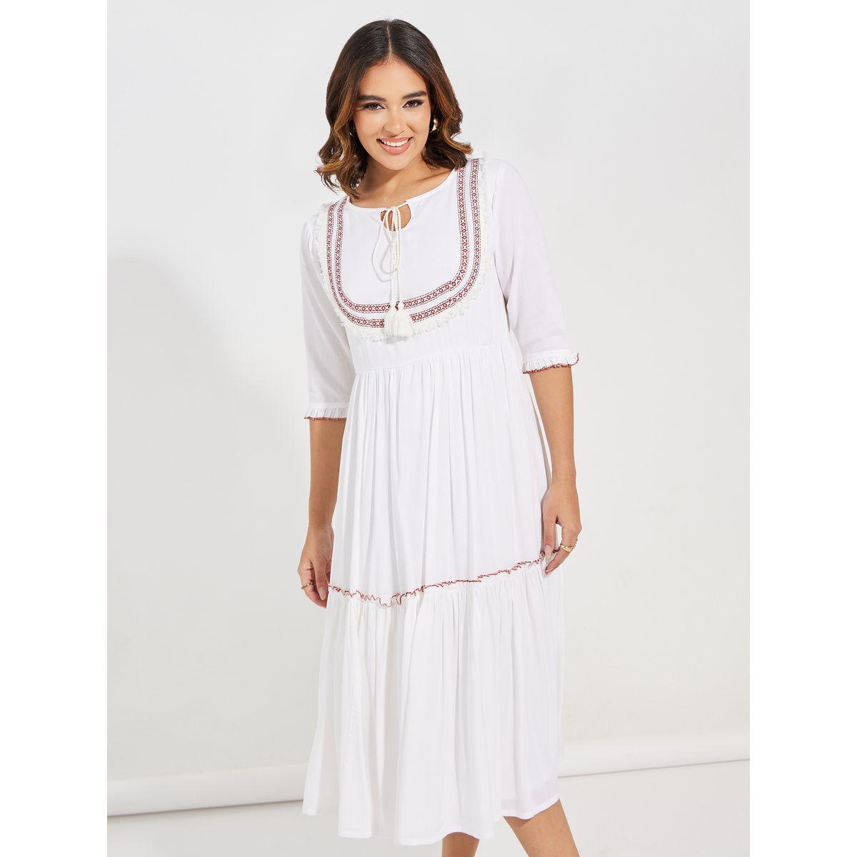 Styli Embroidered Panel Tie-Up Neck Midi Dress-women-clothing-dresses-image-6