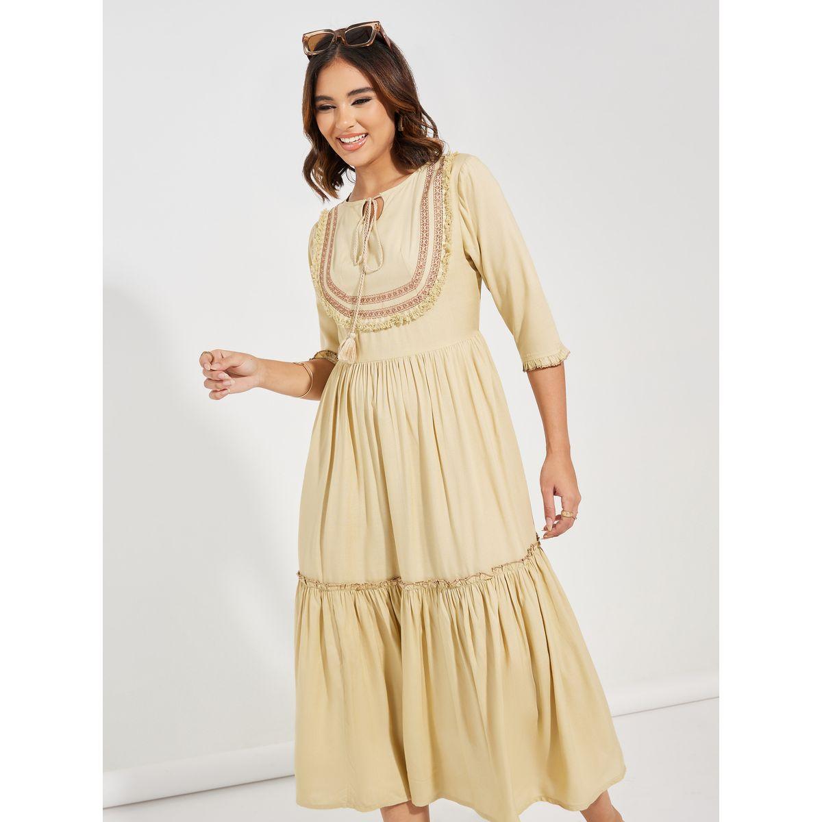 Styli Embroidered Panel Tie-Up Neck Midi Dress-women-clothing-dresses-image-2