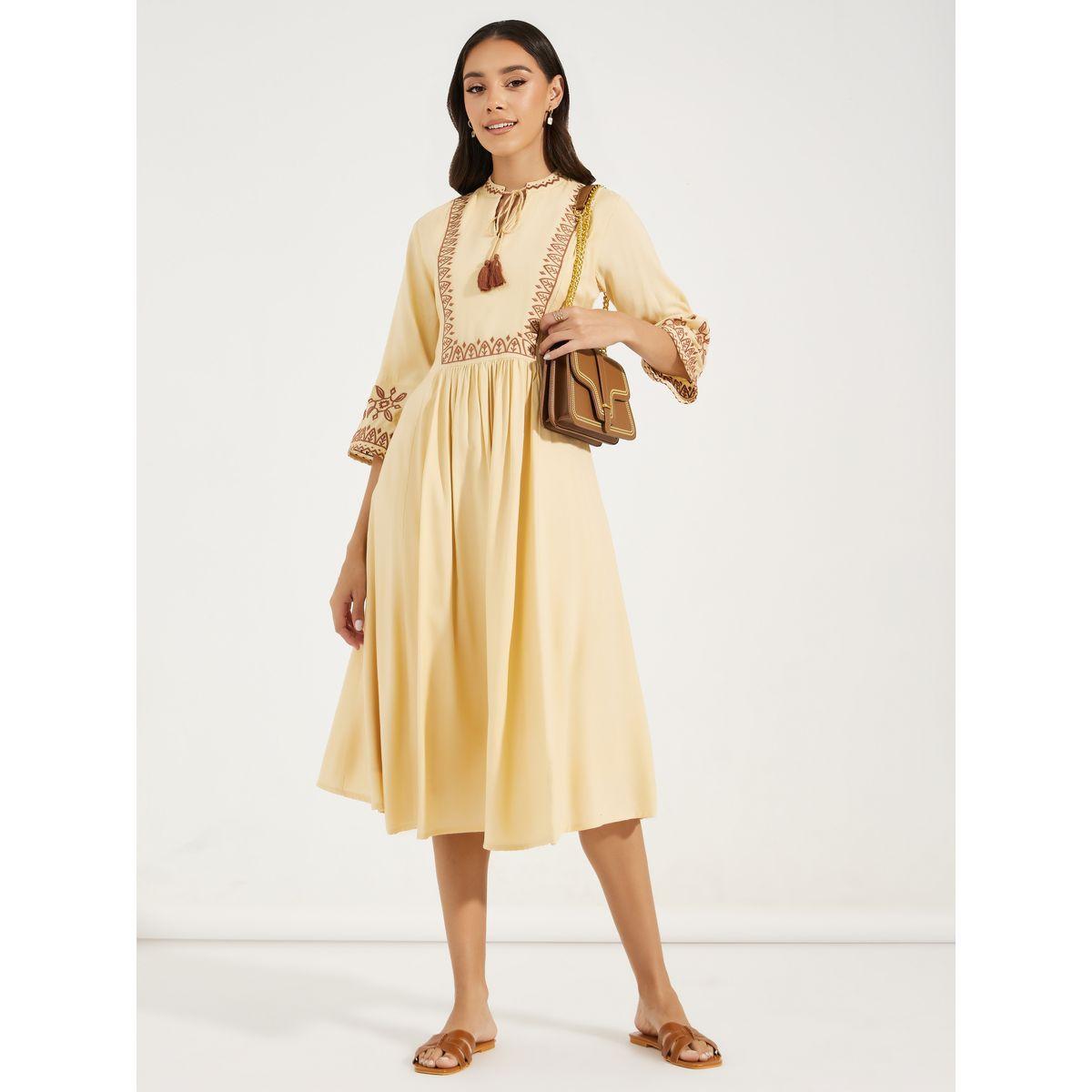 Styli Embroidered 3/4th Sleeves A-Line Midi Dress-women-clothing-dresses-image-1