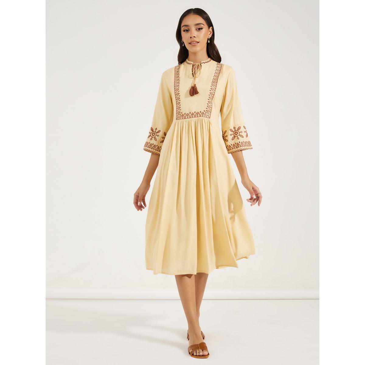 Styli Embroidered 3/4th Sleeves A-Line Midi Dress-women-clothing-dresses-image-2