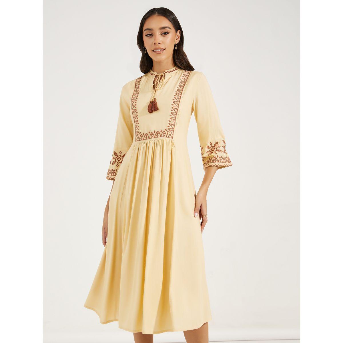 Styli Embroidered 3/4th Sleeves A-Line Midi Dress-women-clothing-dresses-image-3