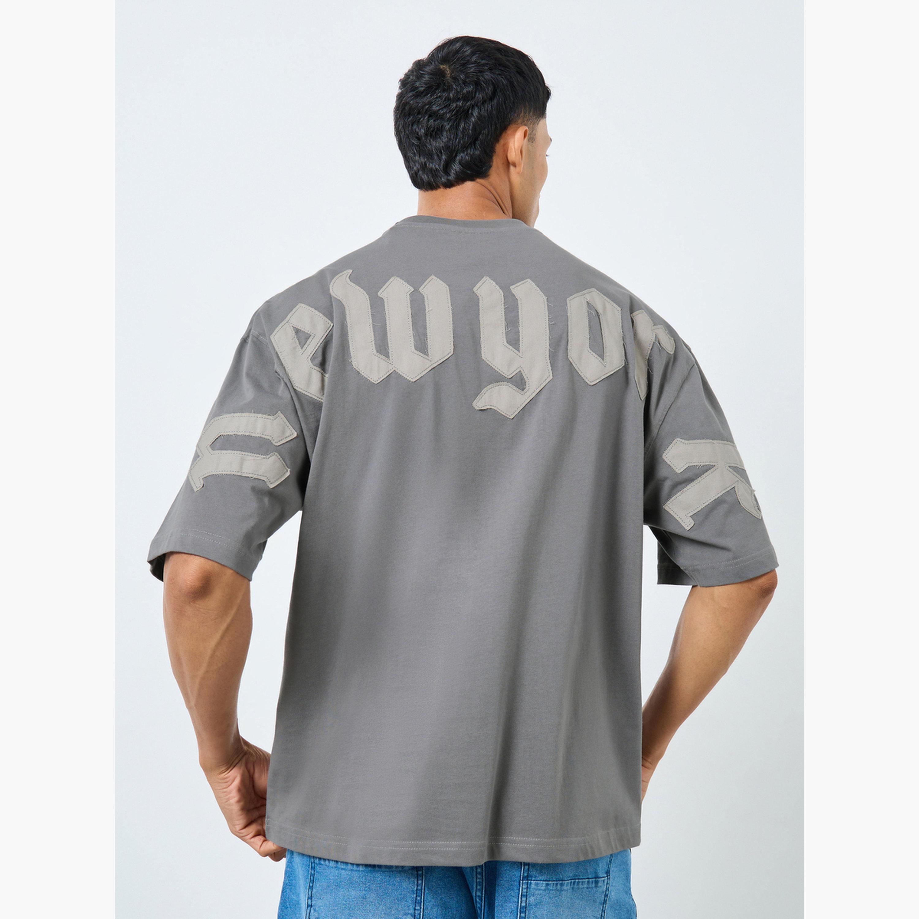 Styli Men Monochrome Boxy Fit Cotton T-Shirt with New York Appliqué Stitch Detailing-men-clothing-tshirtsandpolos-tshirts-image-5
