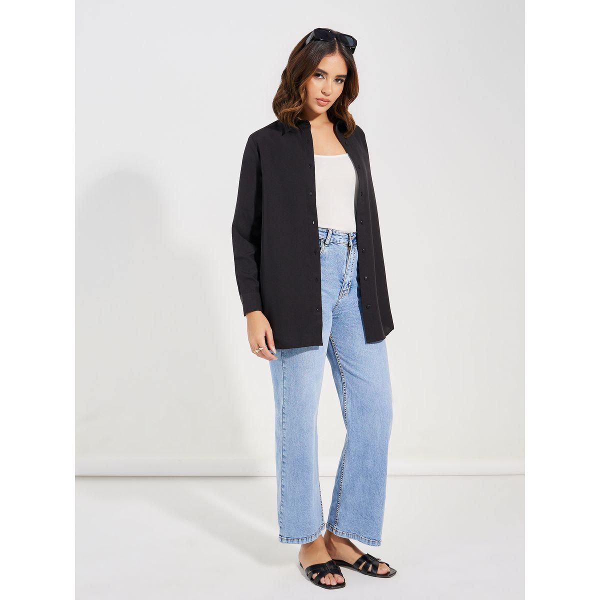 Styli Solid Woven Longline Shirt with Button Placket-women-clothing-shirtsandblouses-shirts-image-1