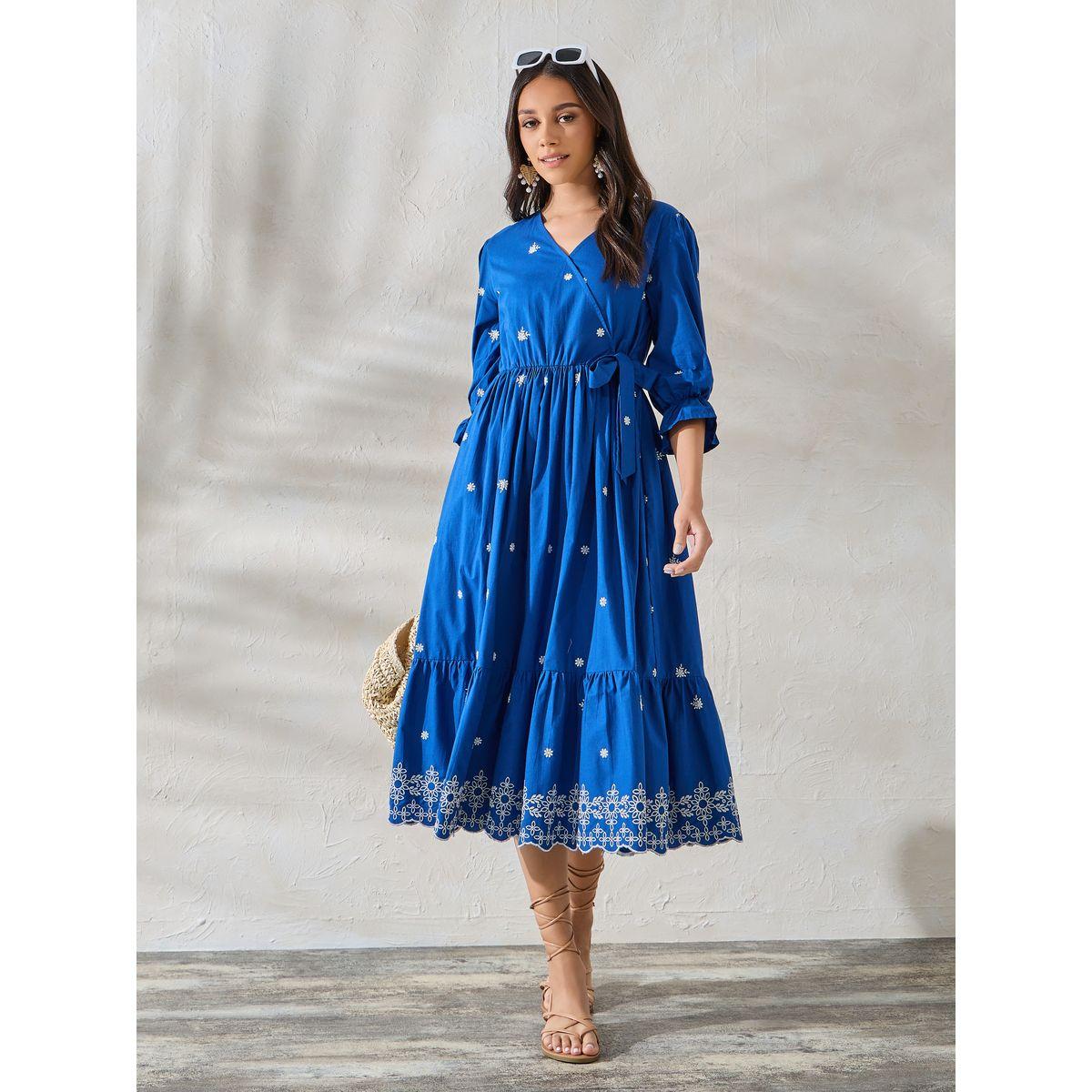 Styli Limited Contrast Embroidery Detail Wrap Front Midi Dress-women-clothing-dresses-image-1