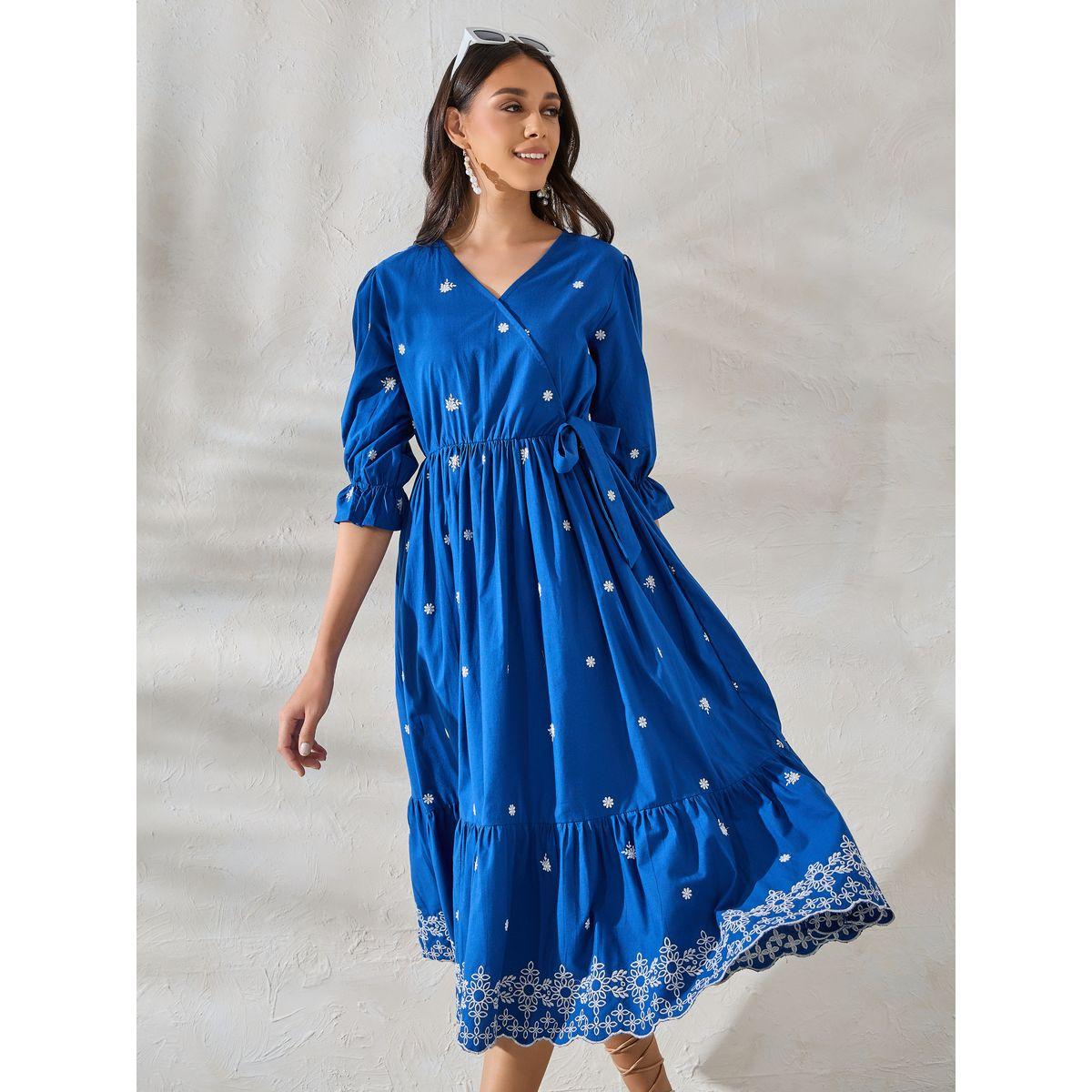 Styli Limited Contrast Embroidery Detail Wrap Front Midi Dress-women-clothing-dresses-image-2