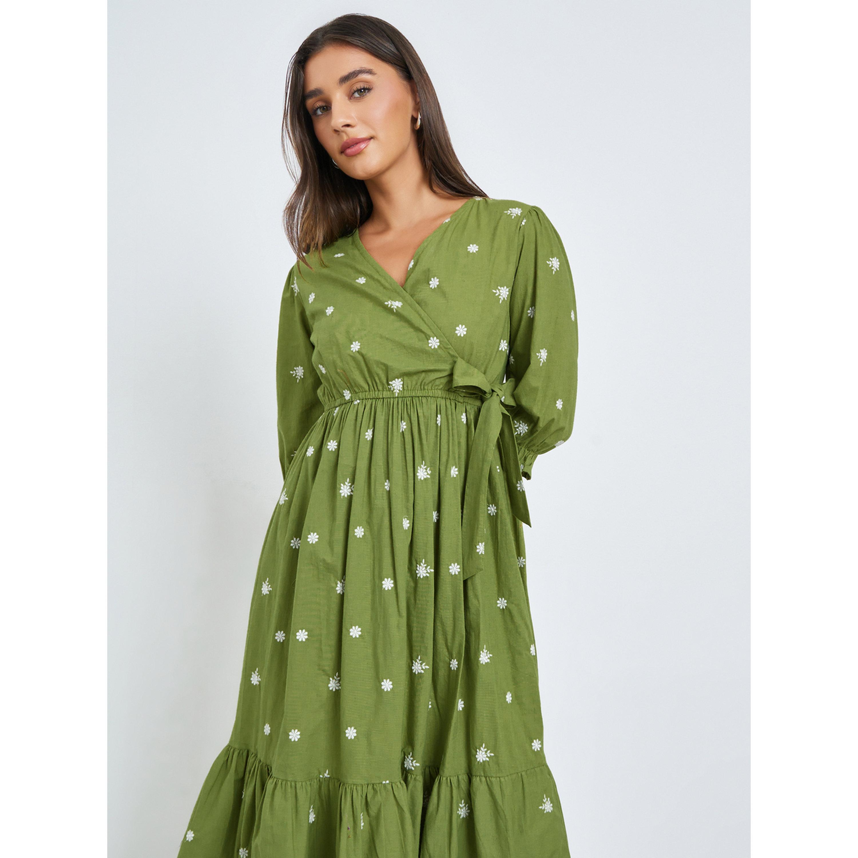 فستان ميدي مطرز بأكمام 3/4-women-clothing-dresses-image-2