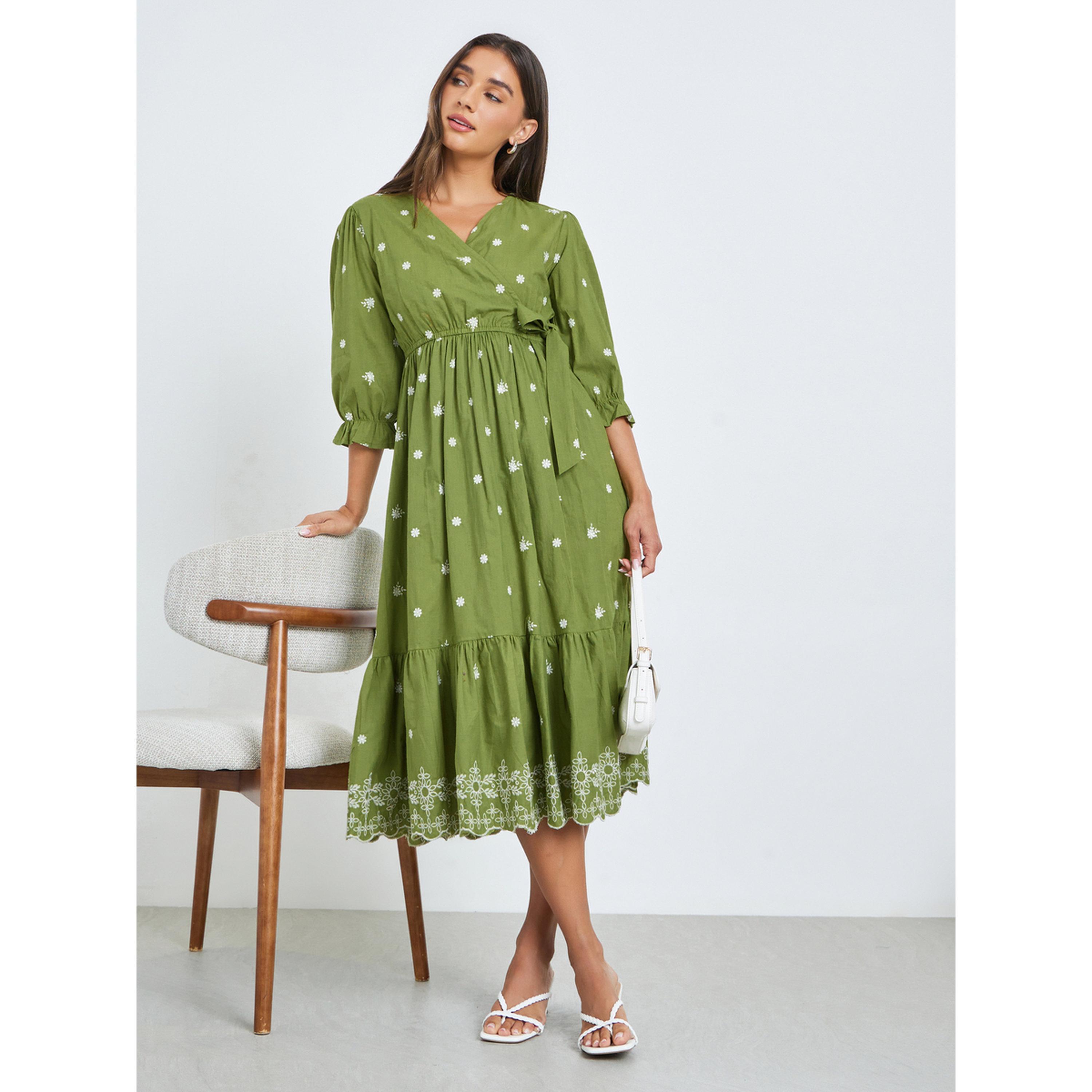 فستان ميدي مطرز بأكمام 3/4-women-clothing-dresses-image-3