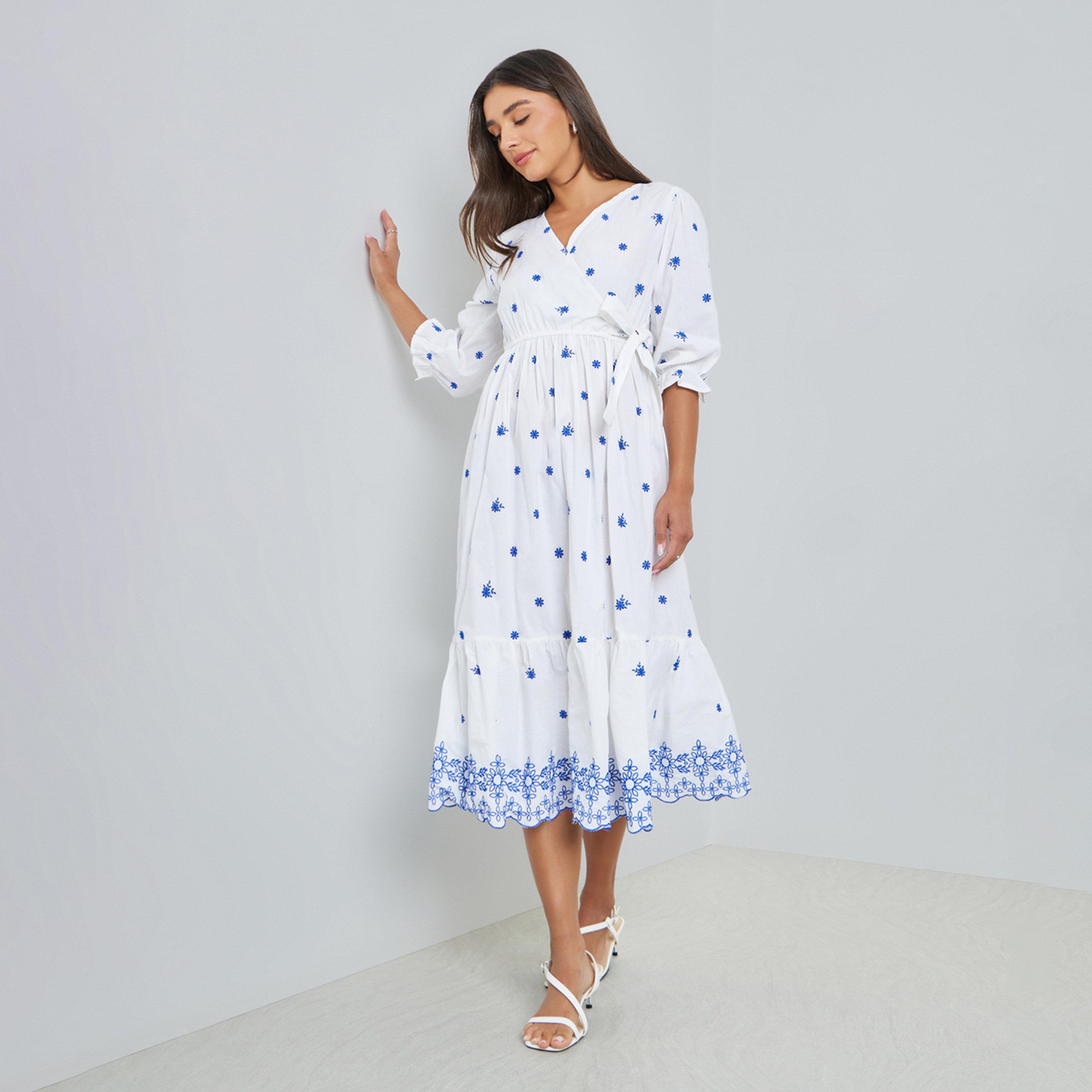 فستان ميدي مطرز بأكمام 3/4-women-clothing-dresses-image-1