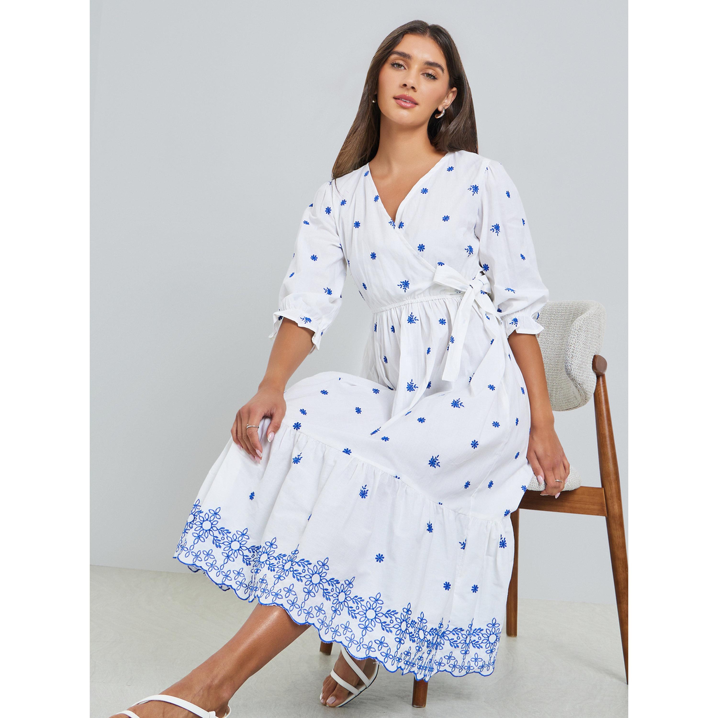 فستان ميدي مطرز بأكمام 3/4-women-clothing-dresses-image-2