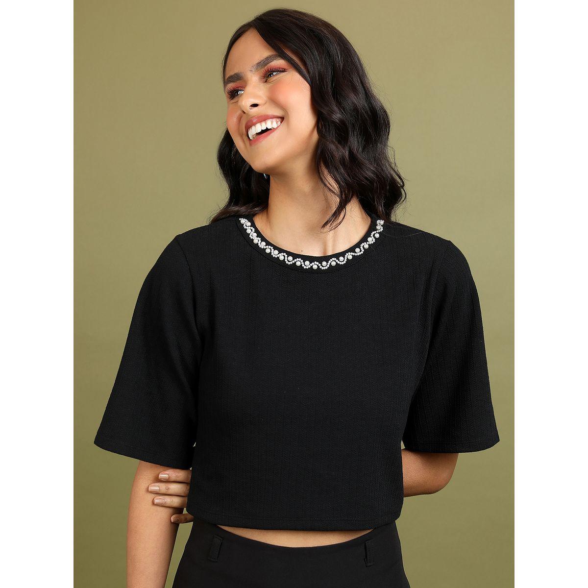 Tokyo Talkies X Styli  Boxy Fit Embellished Neck Ribbed Crop Top-women-clothing-shirtsandblouses-blouses-image-1