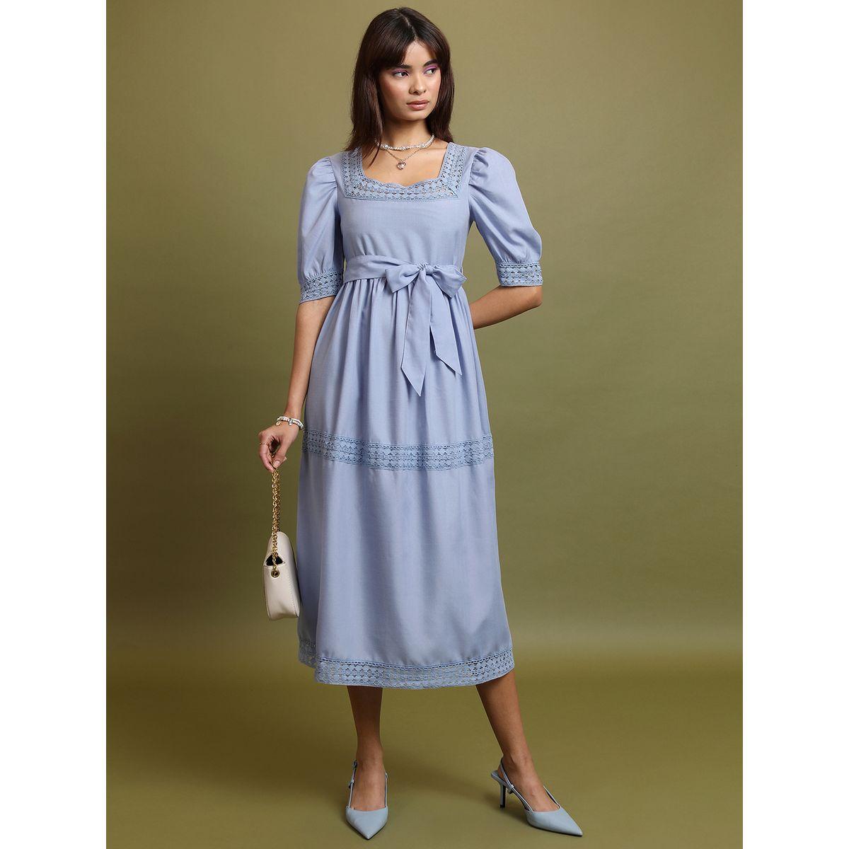 Tokyo Talkies X Styli   Blue Square Neck Puff Sleeve Tie Up Lace Inserts A-Line Dress-women-clothing-dresses-image-1