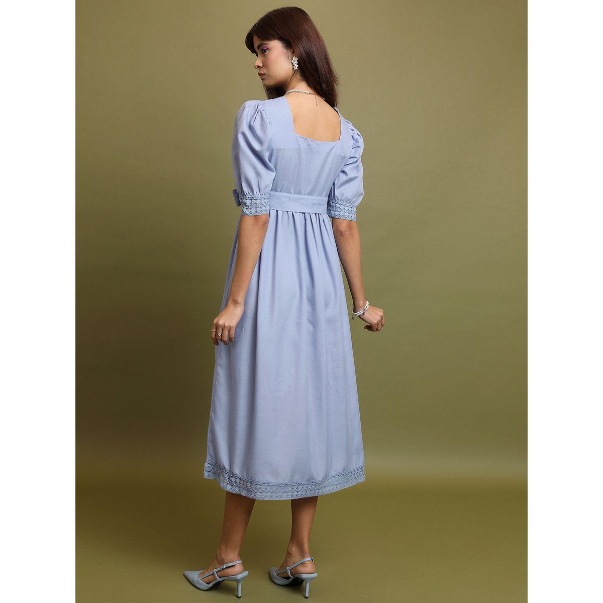 Tokyo Talkies X Styli   Blue Square Neck Puff Sleeve Tie Up Lace Inserts A-Line Dress-women-clothing-dresses-image-2