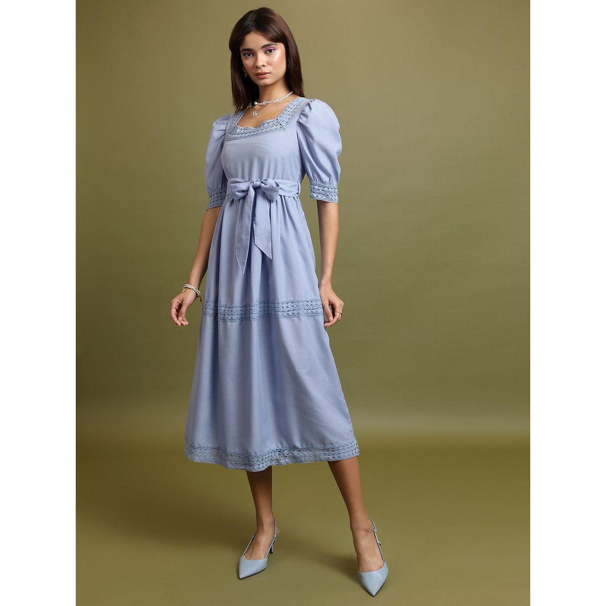 Tokyo Talkies X Styli   Blue Square Neck Puff Sleeve Tie Up Lace Inserts A-Line Dress-women-clothing-dresses-image-4