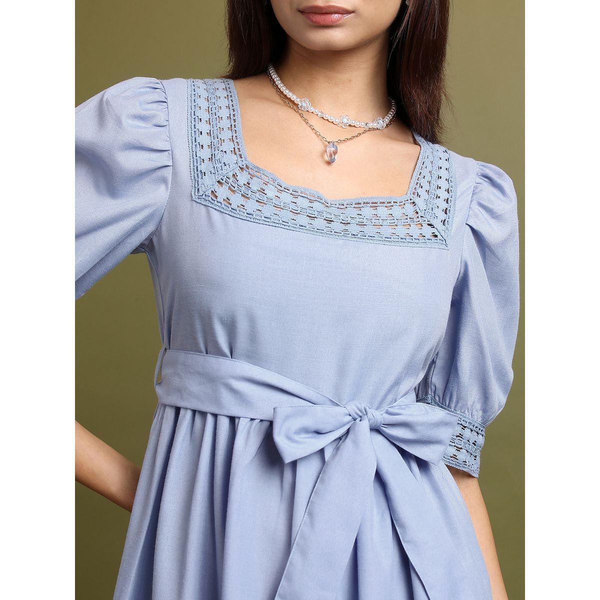 Tokyo Talkies X Styli   Blue Square Neck Puff Sleeve Tie Up Lace Inserts A-Line Dress-women-clothing-dresses-image-5