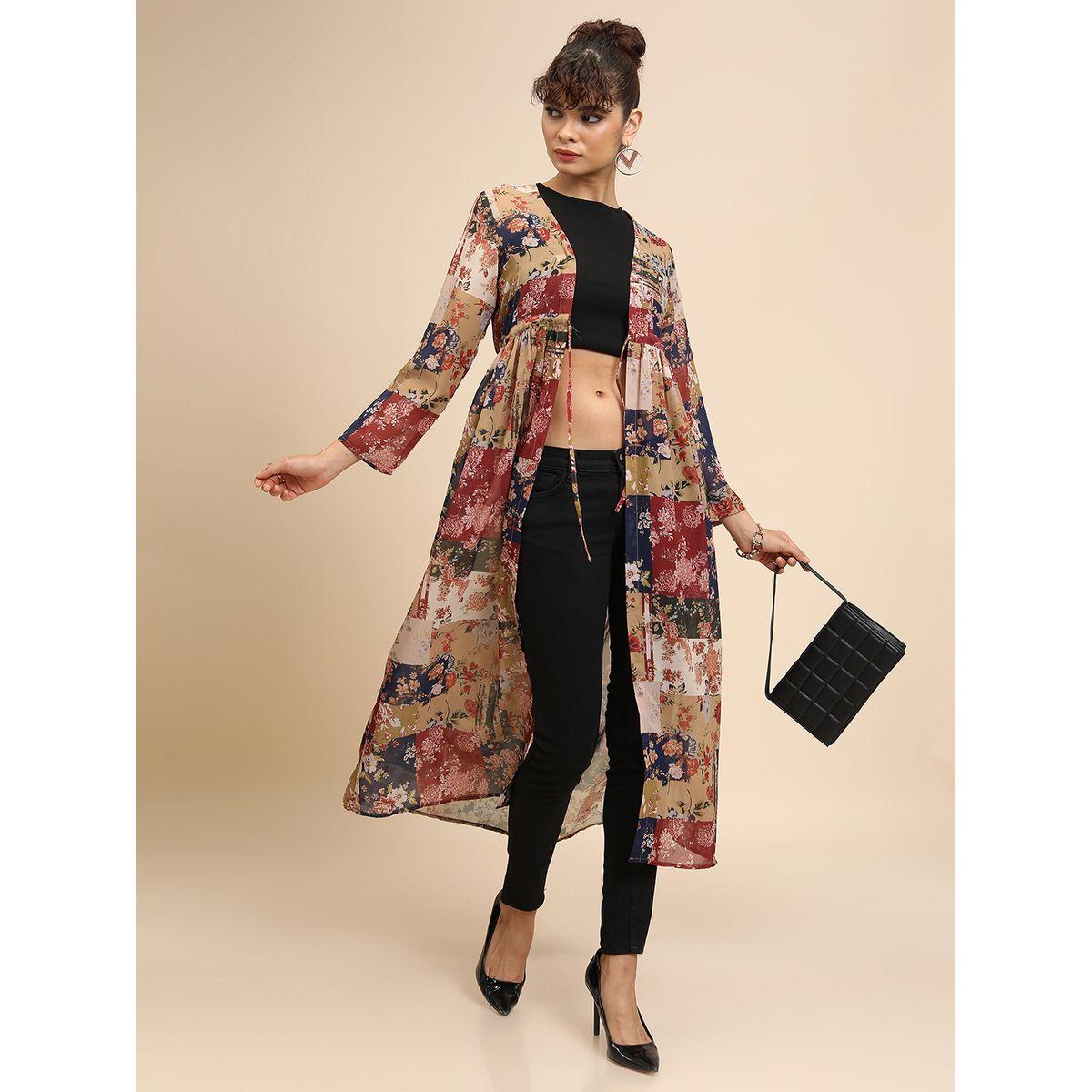 Tokyo Talkies X Styli  Floral Print Longline Open Front Shrug with Tie-up Detail-women-clothing-shirtsandblouses-shirts-image-1