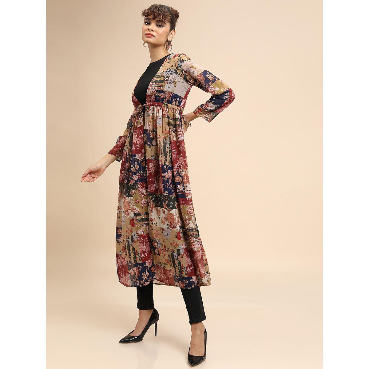 Tokyo Talkies X Styli  Floral Print Longline Open Front Shrug with Tie-up Detail-women-clothing-shirtsandblouses-shirts-image-4