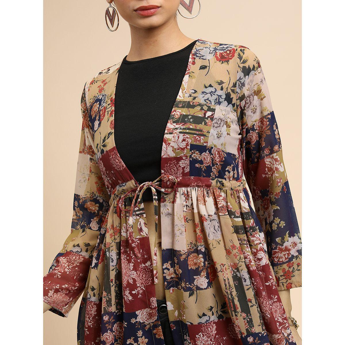 Tokyo Talkies X Styli  Floral Print Longline Open Front Shrug with Tie-up Detail-women-clothing-shirtsandblouses-shirts-image-5