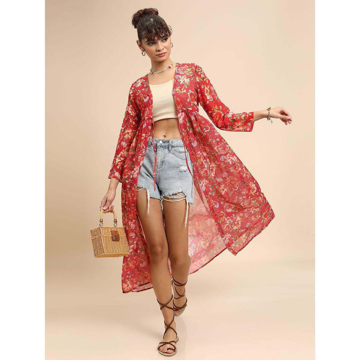 Tokyo Talkies X Styli   Floral Print Longline Open Front Shrug with Tie-up Detail-women-clothing-shirtsandblouses-shirts-image-1