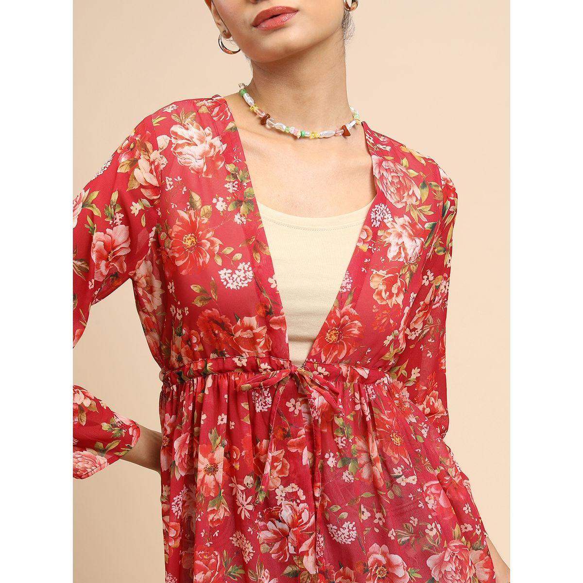 Tokyo Talkies X Styli   Floral Print Longline Open Front Shrug with Tie-up Detail-women-clothing-shirtsandblouses-shirts-image-5