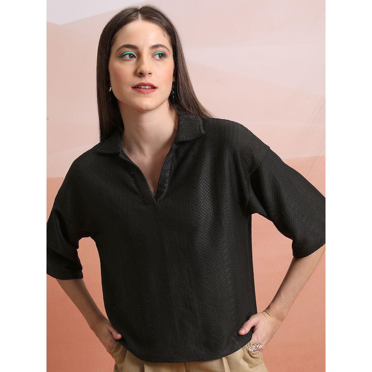 Tokyo Talkies X Styli  Textured Collared Top with Drop Shoulder Sleeves-women-clothing-shirtsandblouses-blouses-image-1