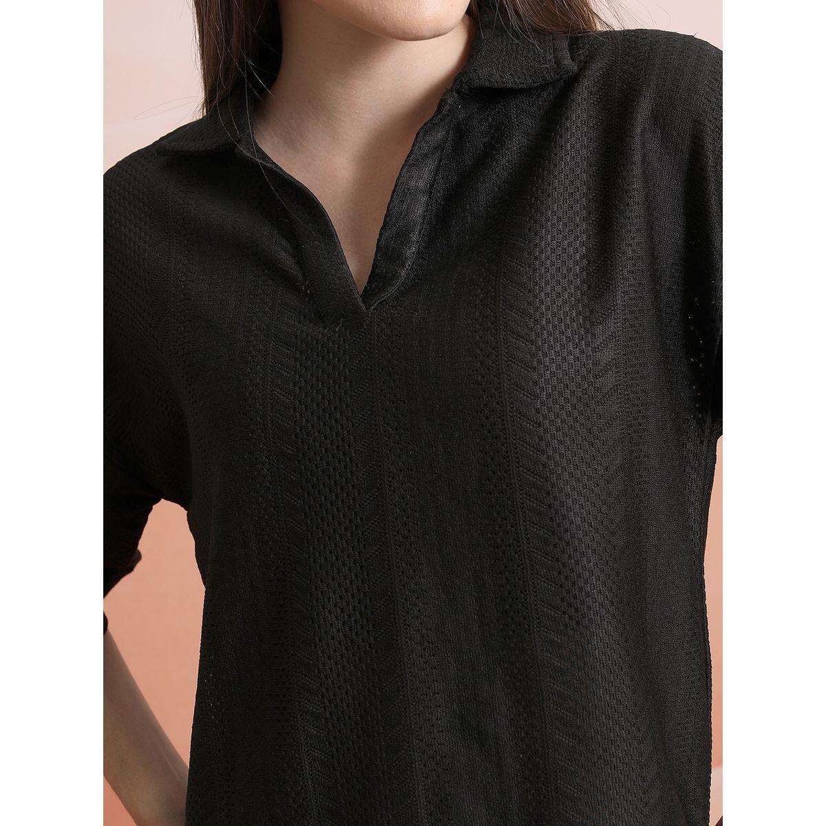 Tokyo Talkies X Styli  Textured Collared Top with Drop Shoulder Sleeves-women-clothing-shirtsandblouses-blouses-image-5