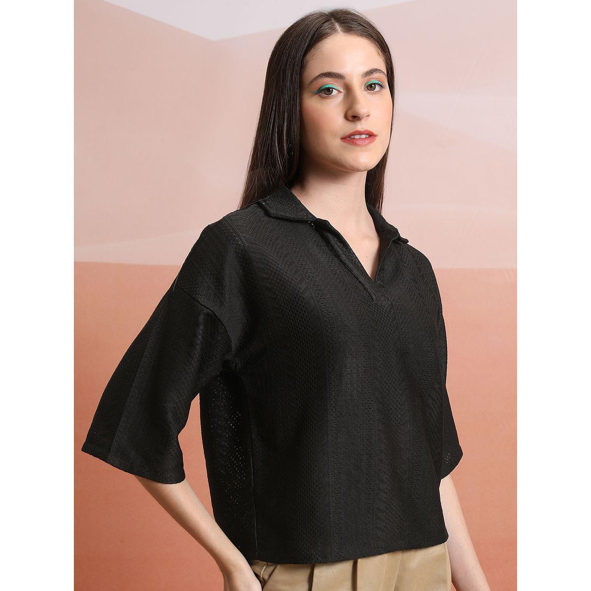 Tokyo Talkies X Styli  Textured Collared Top with Drop Shoulder Sleeves-women-clothing-shirtsandblouses-blouses-image-6