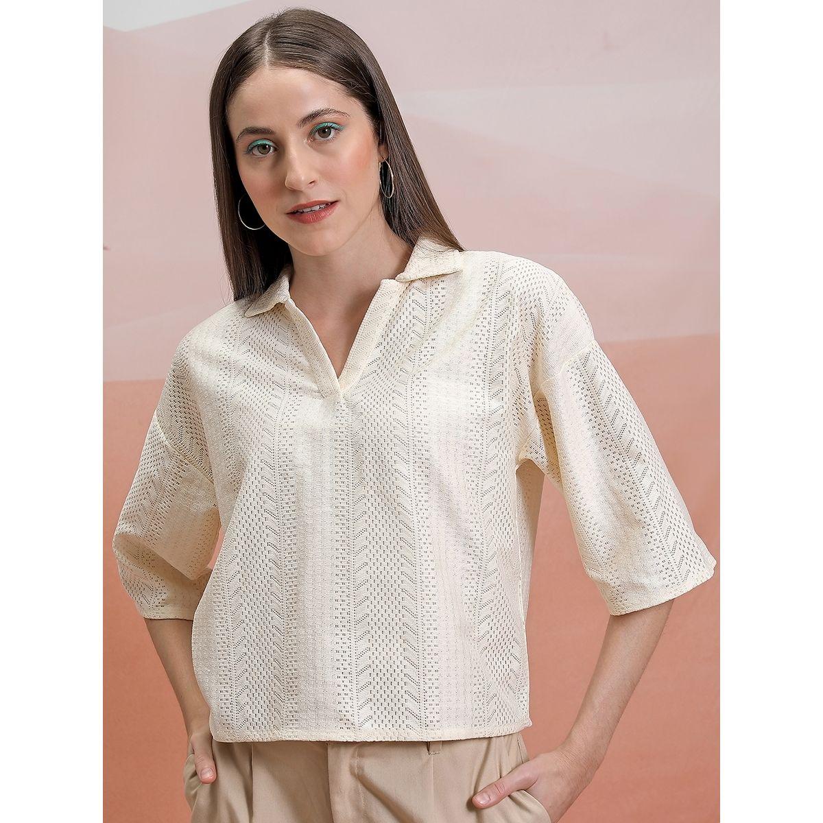 Tokyo Talkies X Styli  Textured Collared Top with Drop Shoulder Sleeves-women-clothing-shirtsandblouses-blouses-image-1