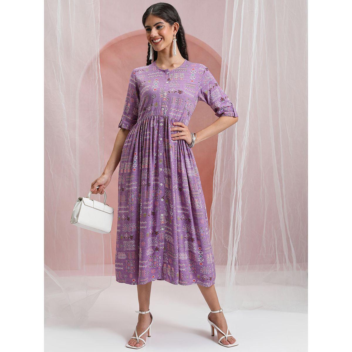 فستان ميدي بطبعة بوهو مع ازرار غلق فيشود × ستايلي-women-clothing-dresses-image-1
