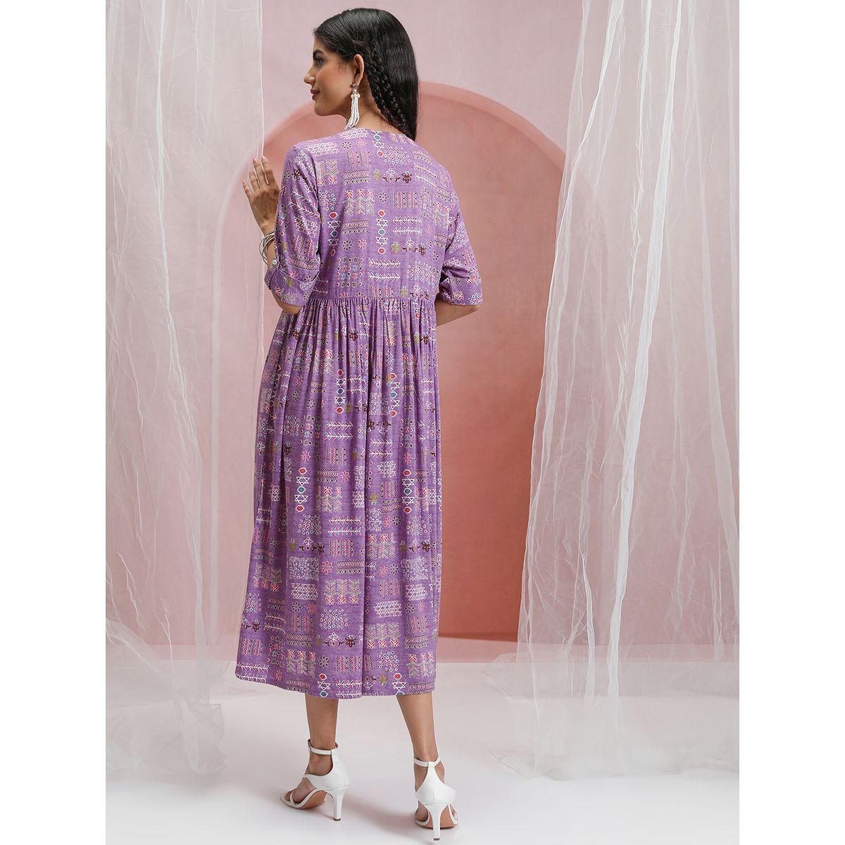 فستان ميدي بطبعة بوهو مع ازرار غلق فيشود × ستايلي-women-clothing-dresses-image-2