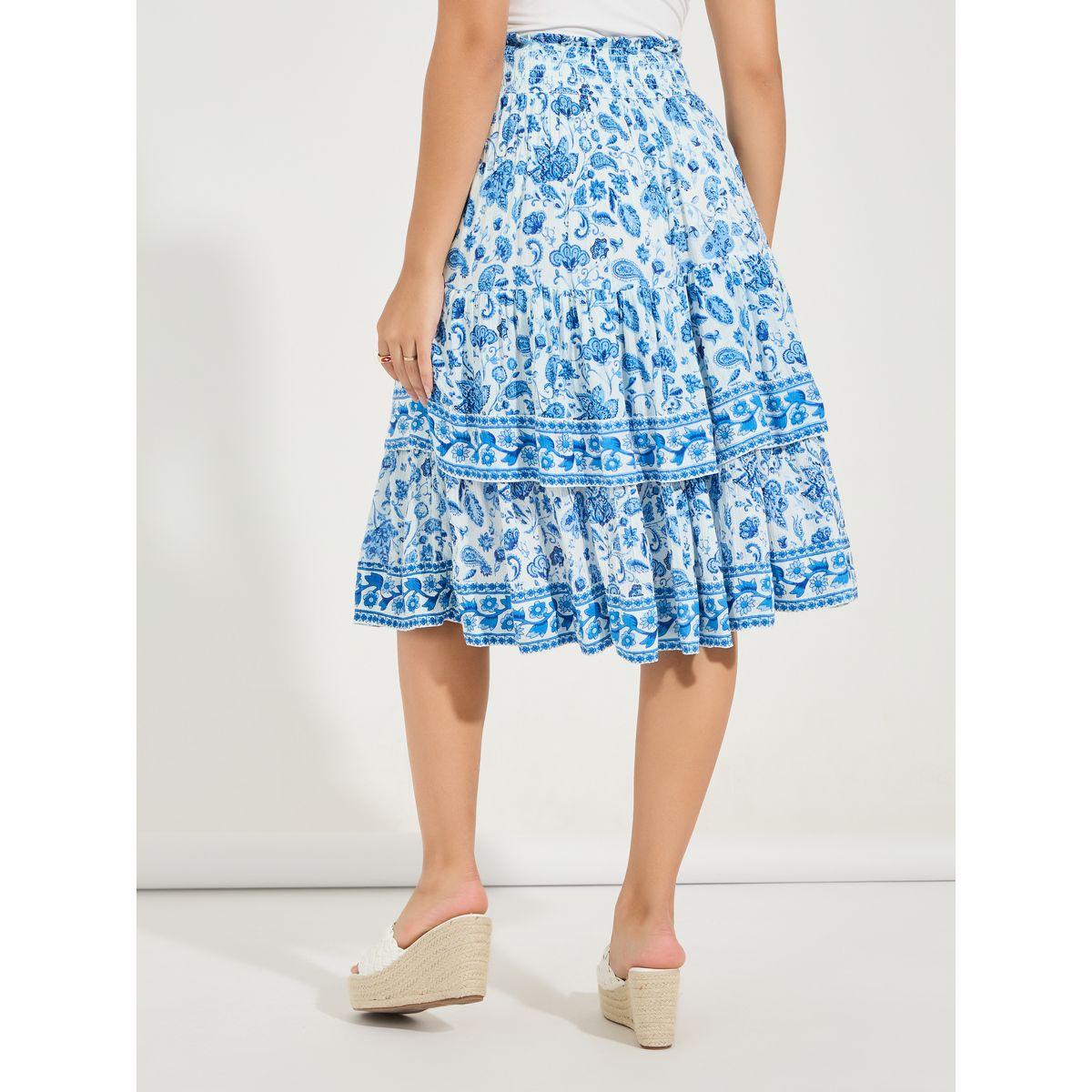 Styli Limited Smocked Floral Print Cotton Knee Length Skirt-women-clothing-bottoms-skirts-image-4