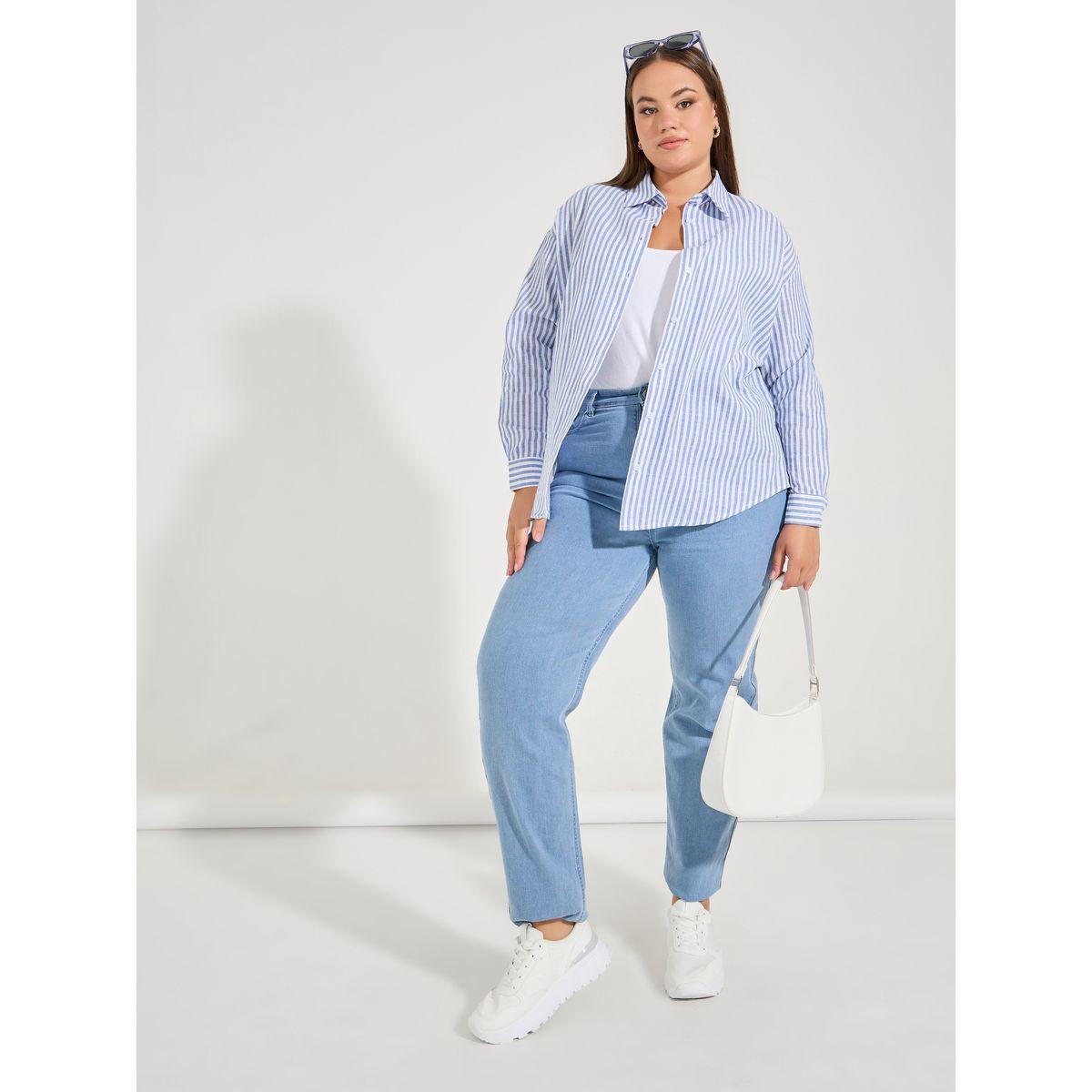 بلوزة مخططة بمقاس كبير مع ازرار غلق-women-clothing-shirtsandblouses-shirts-image-5
