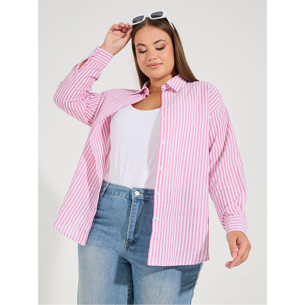 Styli Plus Size Striped Button Placket Oversized Shirt-women-clothing-shirtsandblouses-shirts-image-1