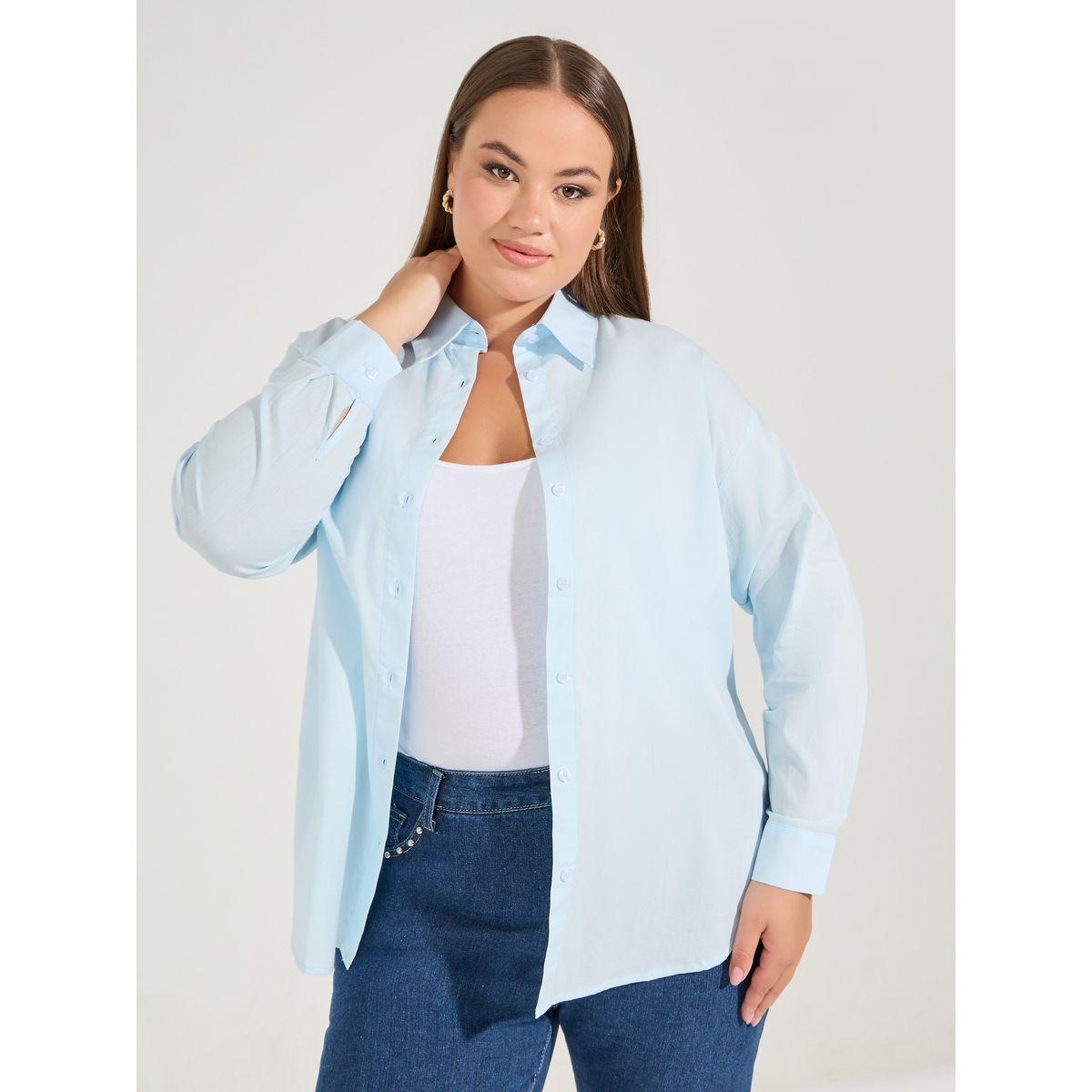 بلوزة سادة بمقاس كبير واكمام مكبلة مع ازرار-women-clothing-shirtsandblouses-shirts-image-1