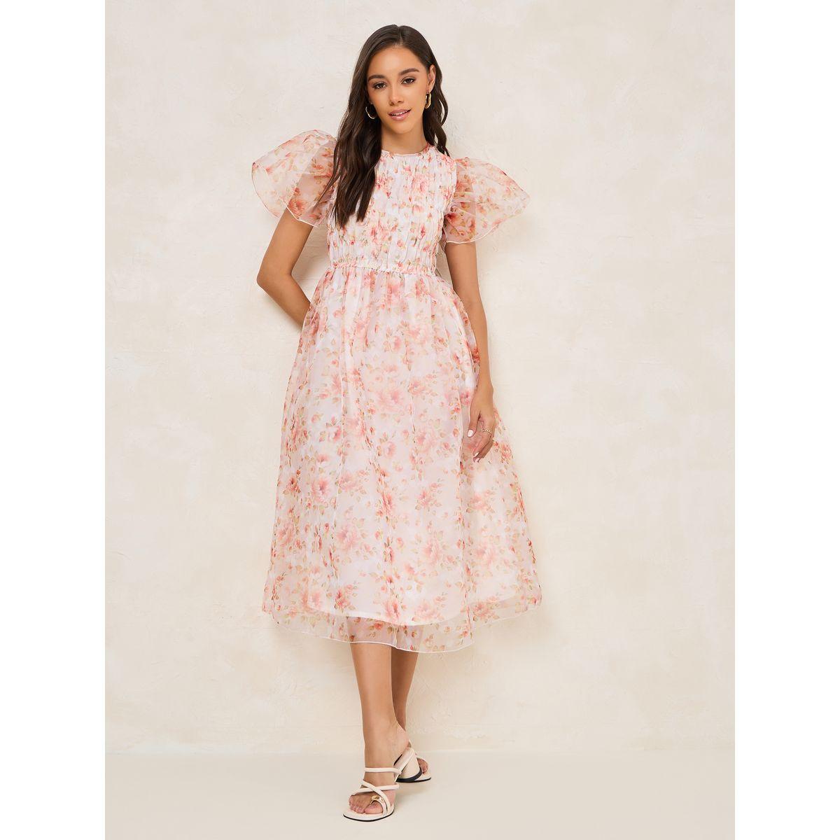 Styli Floral Print Ruched Puff Sleeve Midi Dress-women-clothing-dresses-image-1