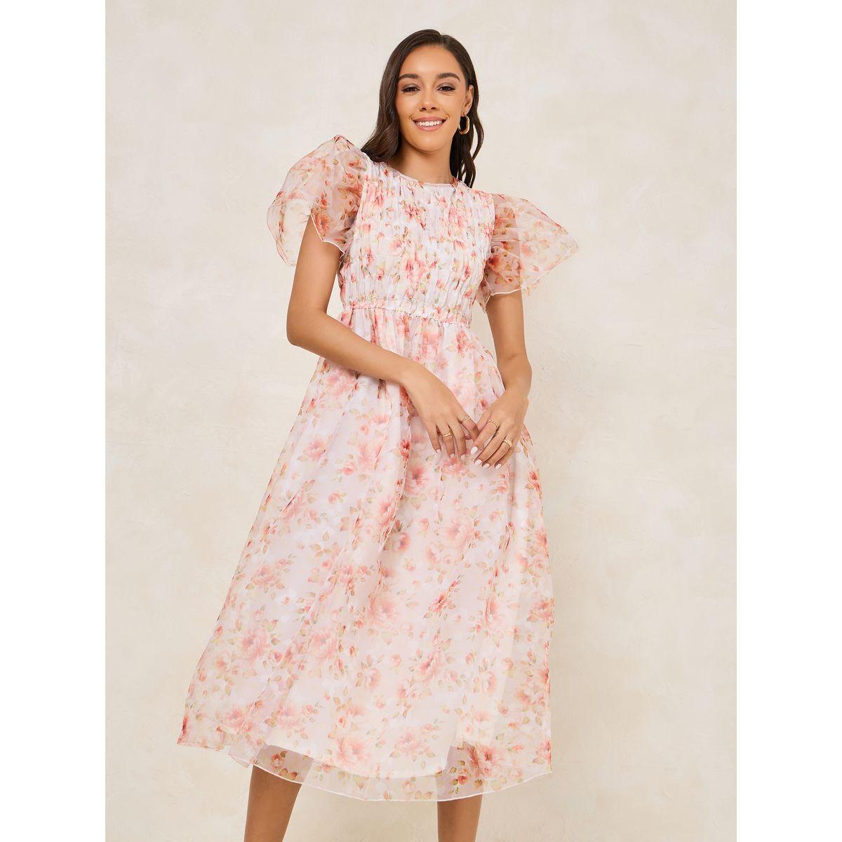 Styli Floral Print Ruched Puff Sleeve Midi Dress-women-clothing-dresses-image-2