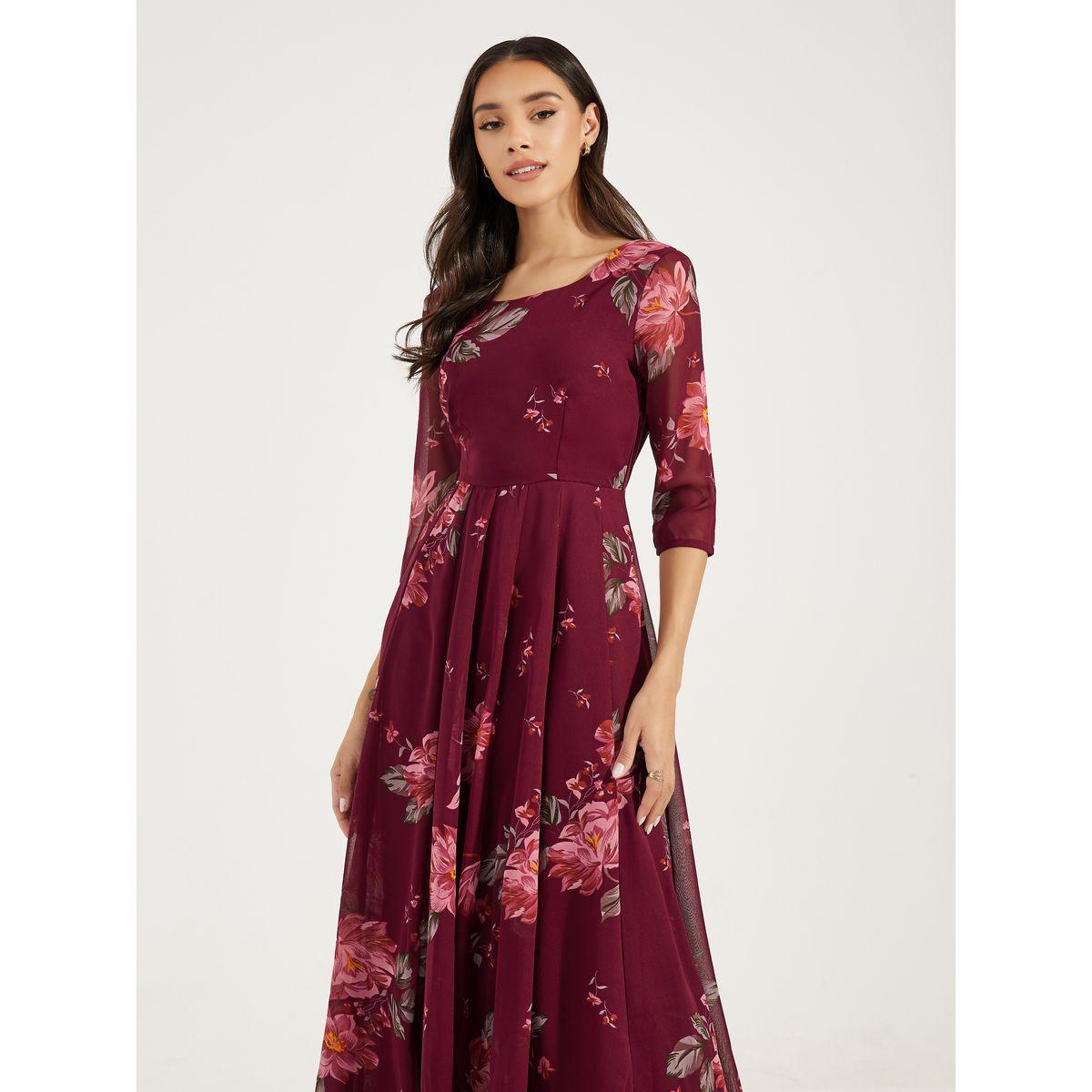 Styli Box Pleated 3/4 Sleeves Printed Maxi Dress-women-clothing-dresses-image-2
