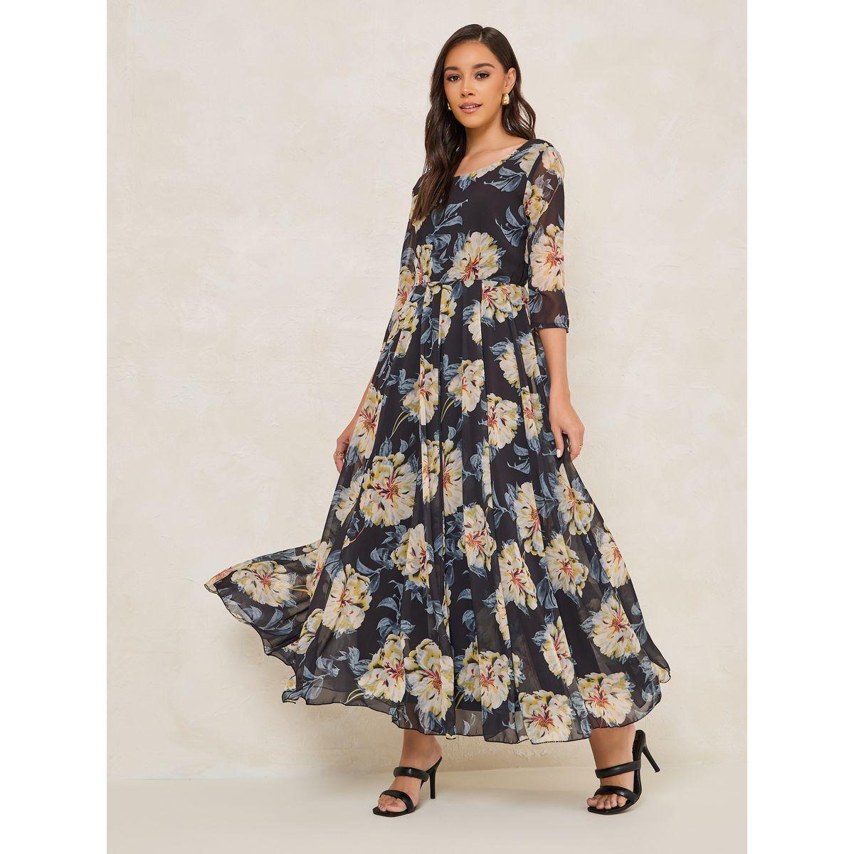 فستان طويل مطبع بزهور مع حافة واسعة-women-clothing-dresses-image-1