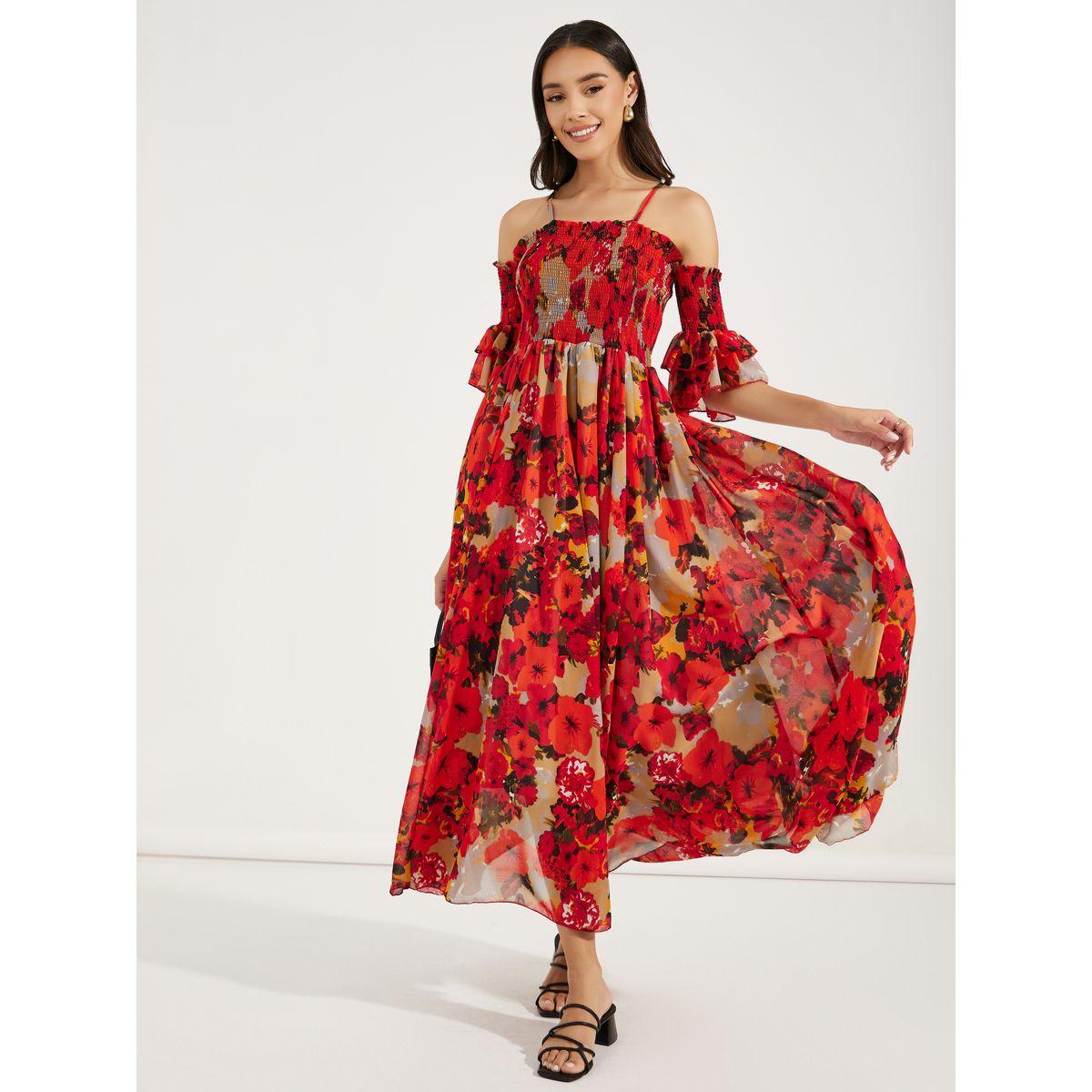 فستان طويل مطبع بزهور مع اكتاف مكشوفة-women-clothing-dresses-image-1