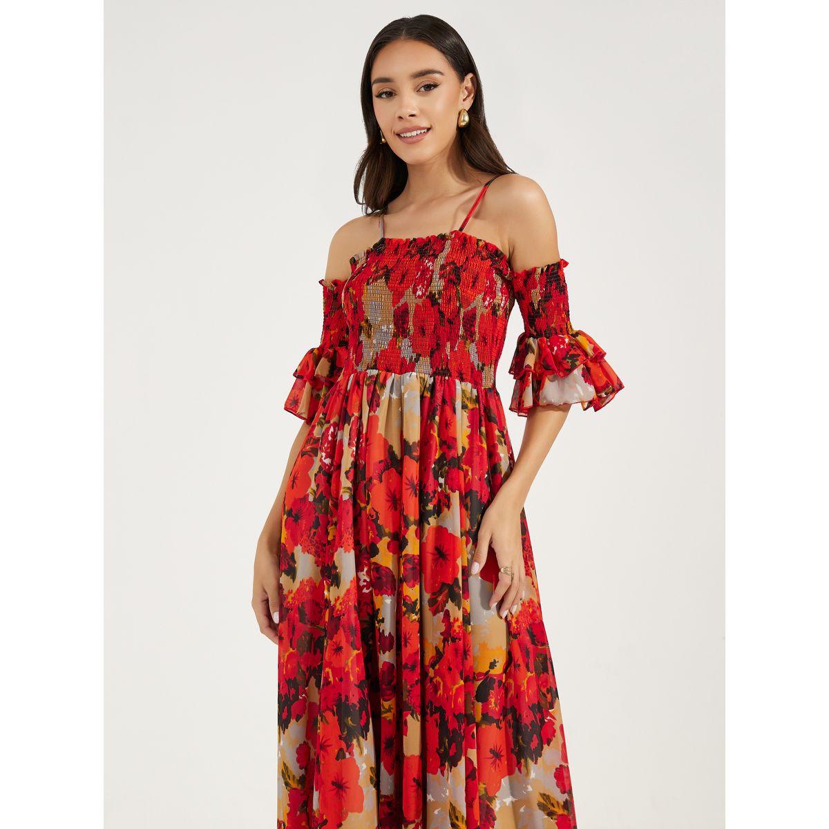 Styli Floral Print Cold Shoulder Sleeves Maxi Dress-women-clothing-dresses-image-2