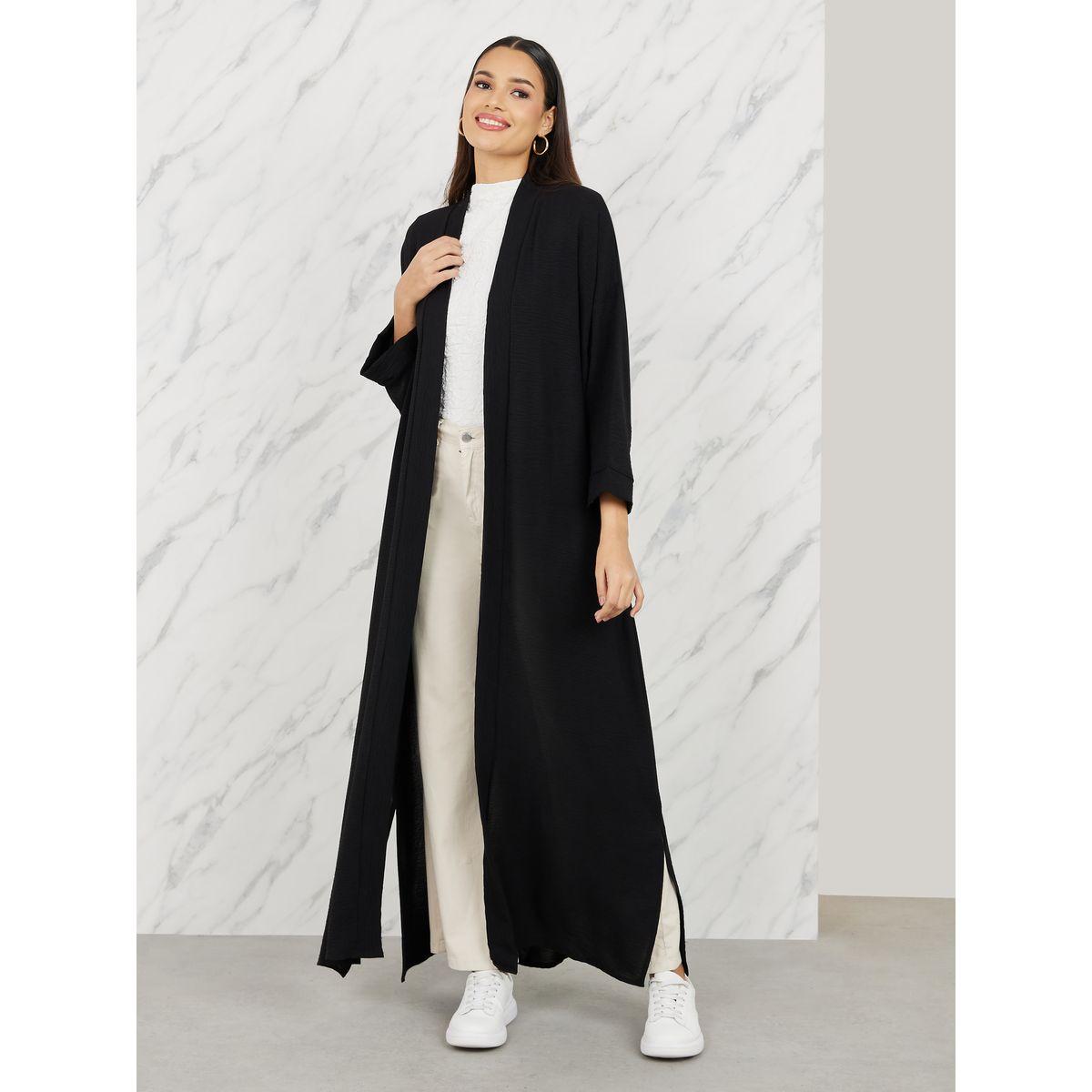 Styli Textured Open Front Casual Maxi Abaya with Side Slit-women-arabicclothing-abayas-image-1