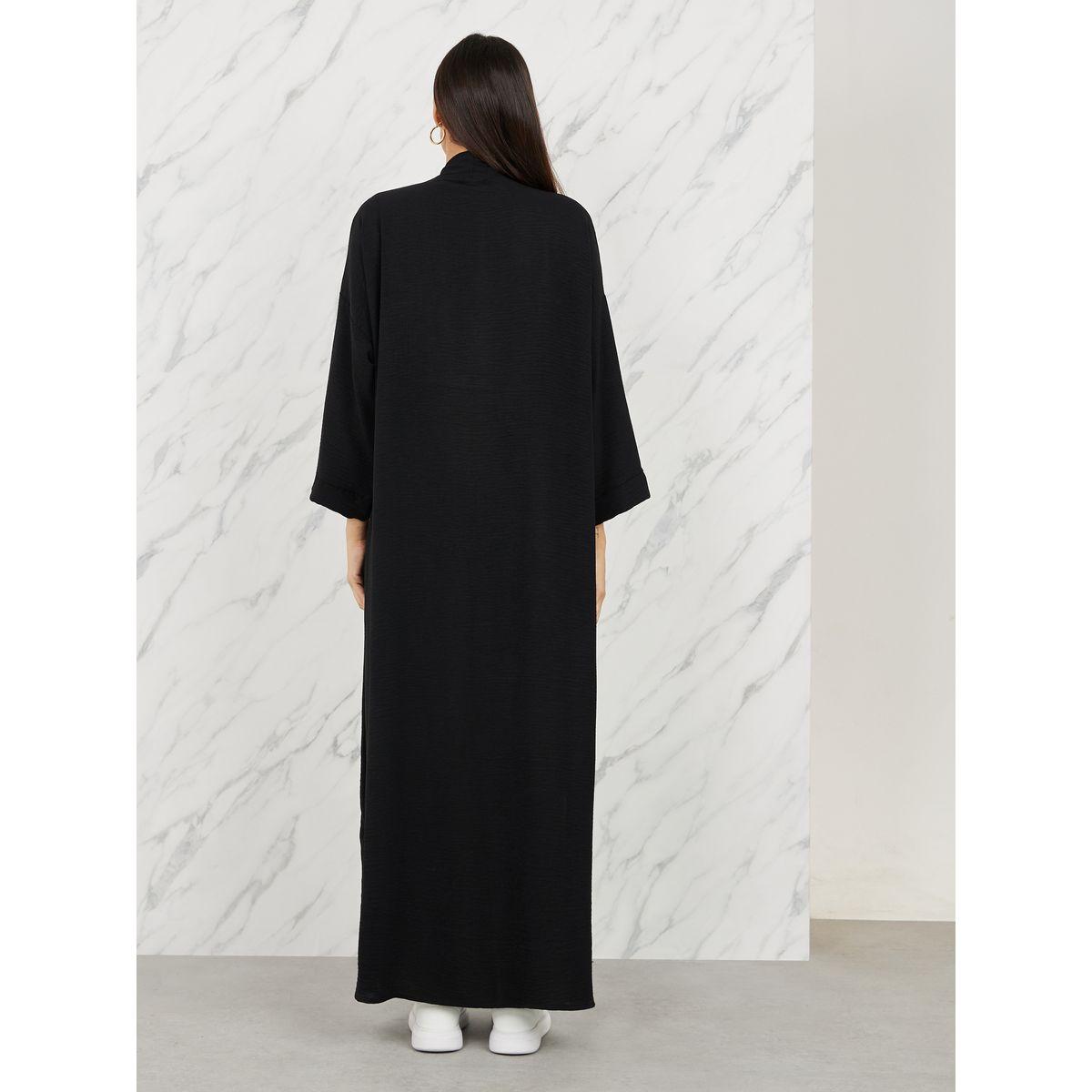 Styli Textured Open Front Casual Maxi Abaya with Side Slit-women-arabicclothing-abayas-image-4