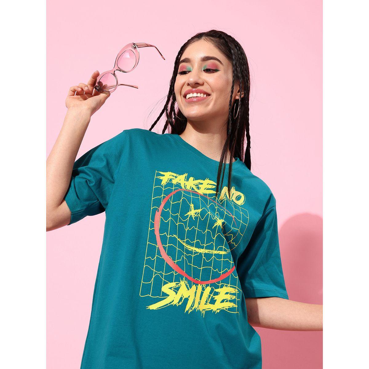 Dillinger Oversized Slogan Print T-Shirt with Short Sleeves-women-clothing-tshirts-image-1