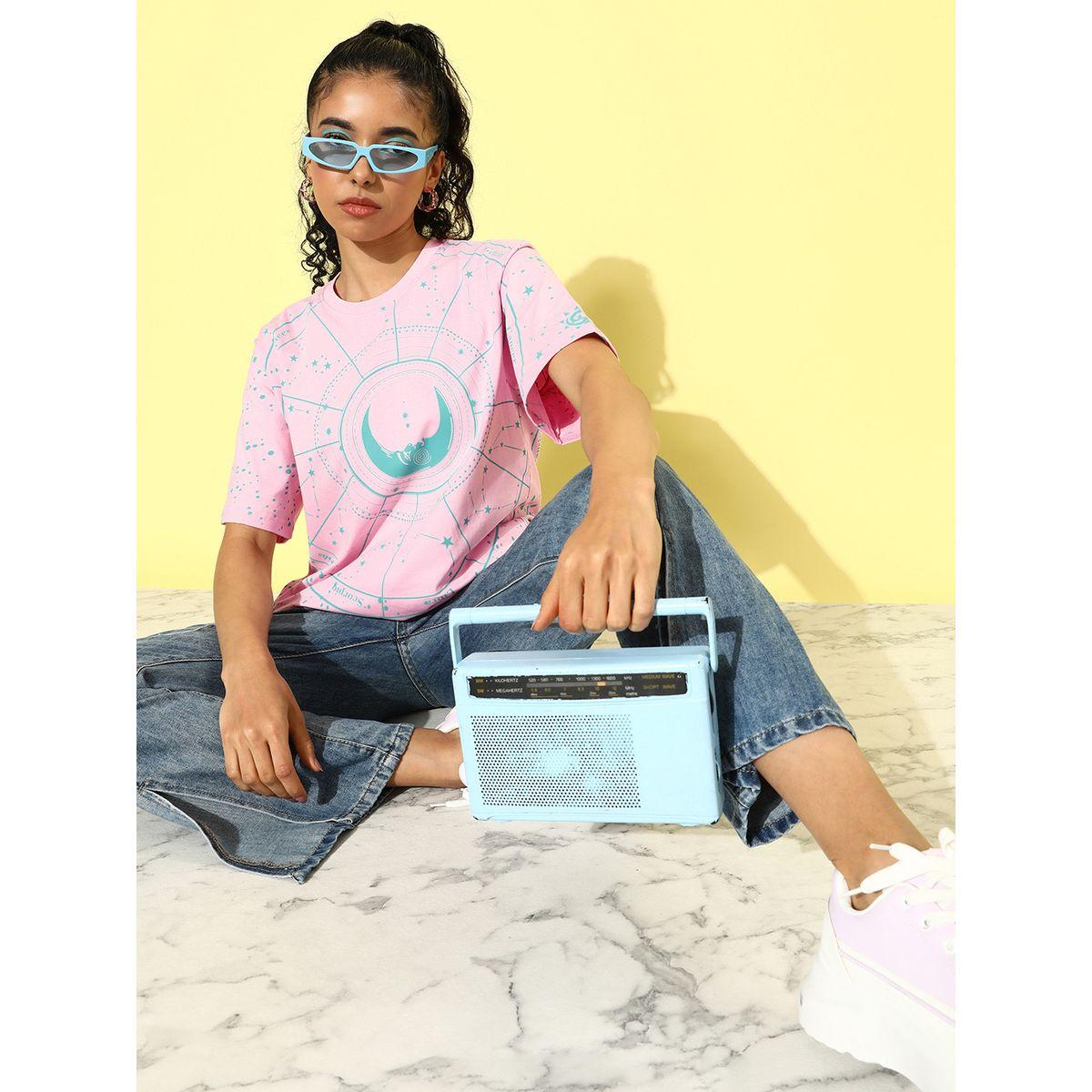 Dillinger Oversized All Over Moon Print T-Shirt with Short Sleeves-women-clothing-tshirts-image-2