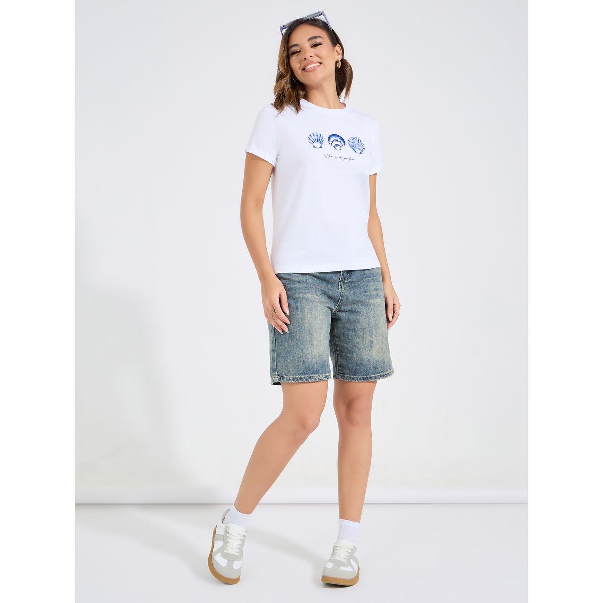 Styli Regular Fit Graphic Print T-Shirt with Turn-Up Sleeves-women-clothing-tshirts-image-2