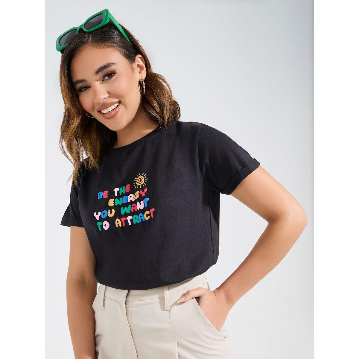Styli Regular Fit Puff Slogan Print T-Shirt with Turn-Up Sleeves-women-clothing-tshirts-image-1