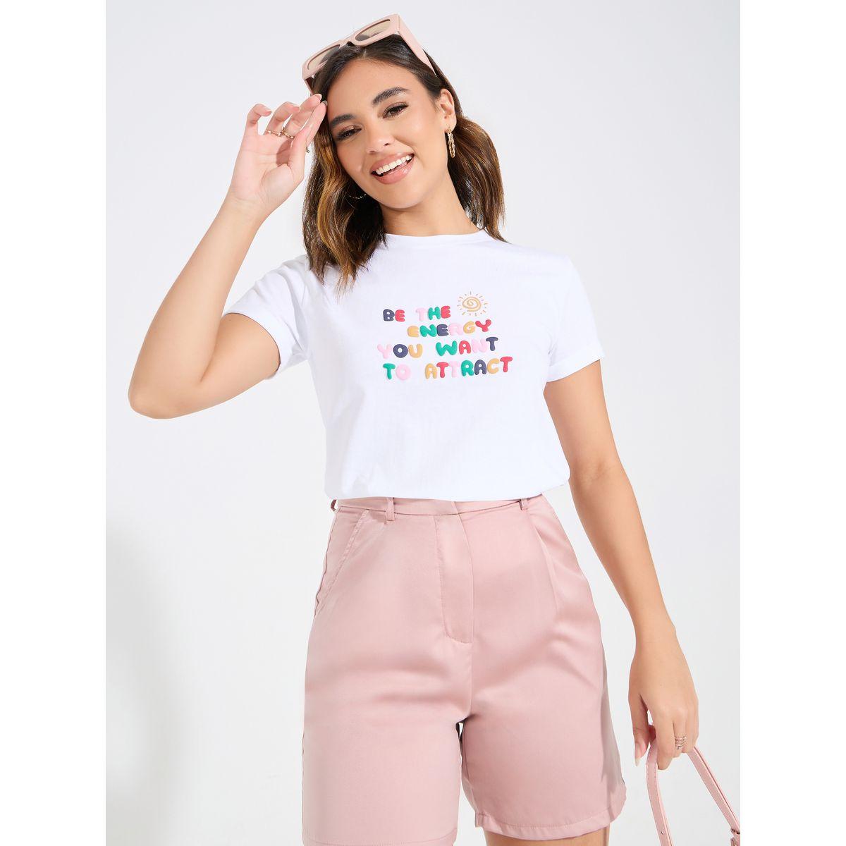 Styli Regular Fit Puff Slogan Print T-Shirt with Turn-Up Sleeves-women-clothing-tshirts-image-1