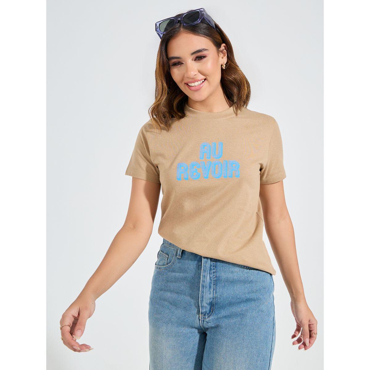 تيشيرت مطبع بكتابة مع قصة عادية-women-clothing-tshirts-image-1