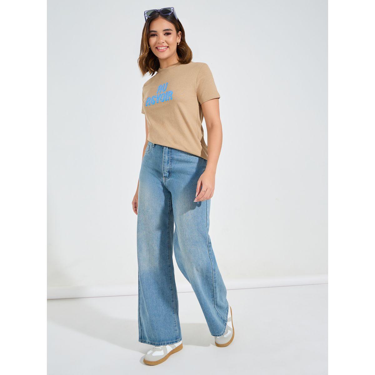 تيشيرت مطبع بكتابة مع قصة عادية-women-clothing-tshirts-image-2
