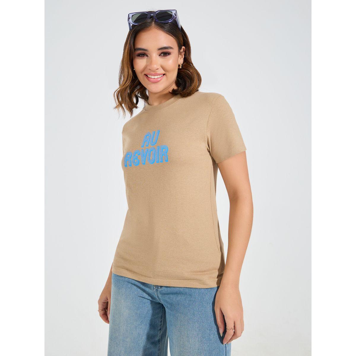 تيشيرت مطبع بكتابة مع قصة عادية-women-clothing-tshirts-image-3